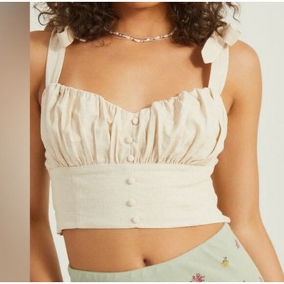 Altar’d State Medium Delilah Linen Corset Top Cropped Tie Straps Smocked Beige - Picture 1 of 9